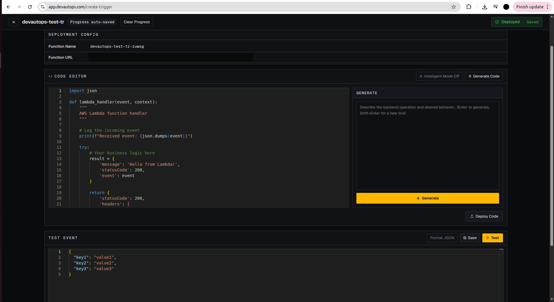 DevAutOps code editor: AI-generated function code, a generate panel, deploy, and a test event