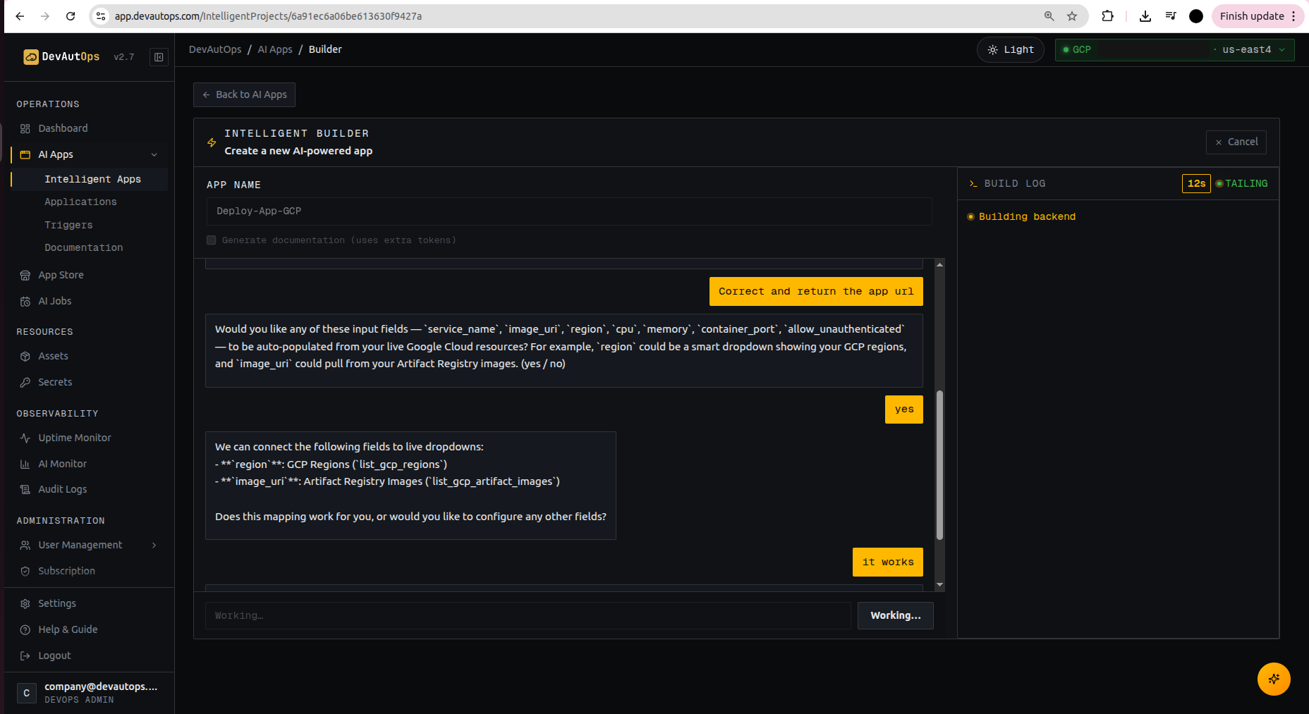 DevAutOps Intelligent Builder: describe an app in natural language while the build log streams