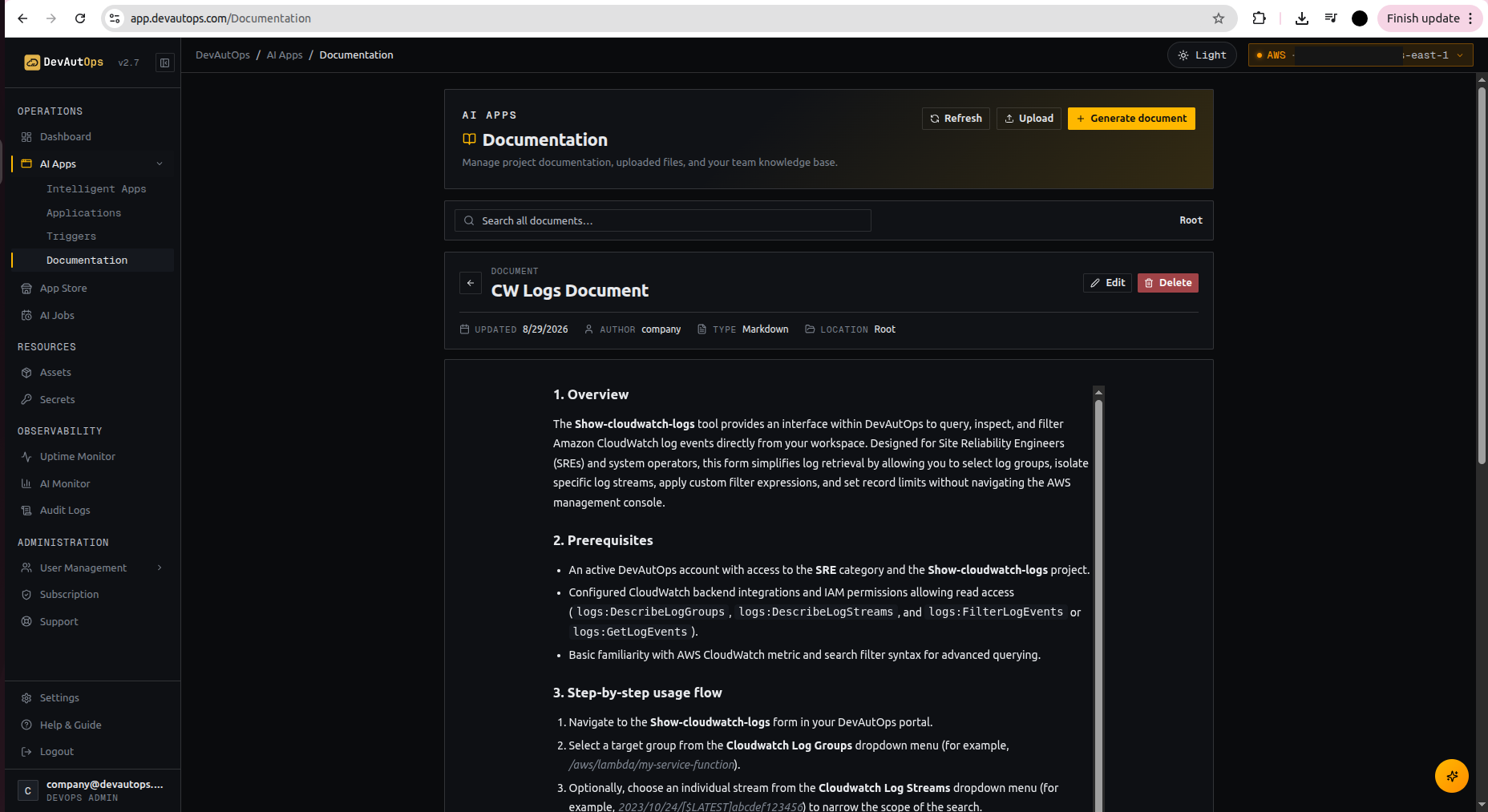 DevAutOps Documentation: an auto-generated runbook with overview, prerequisites, and step-by-step usage