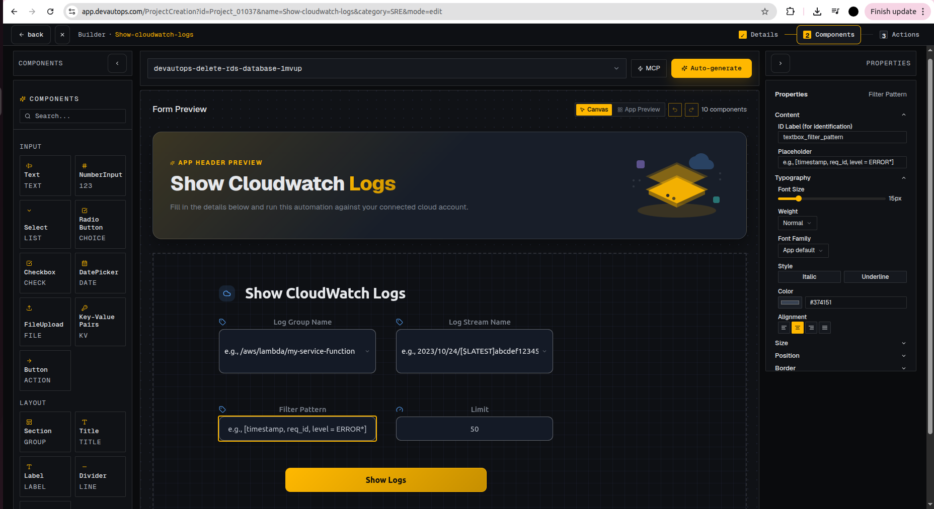 DevAutOps low-code form designer: component palette, form canvas, and properties panel