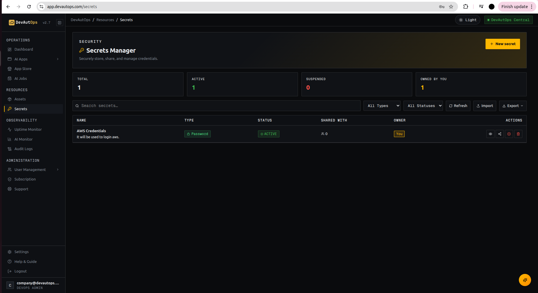 DevAutOps Secrets Manager: securely store, share, and manage credentials with status and ownership