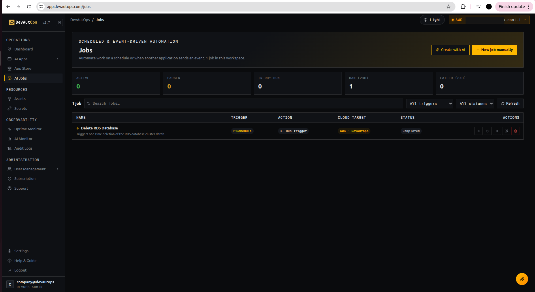 DevAutOps AI Jobs: scheduled and event-driven automations with trigger, action, cloud target, and status